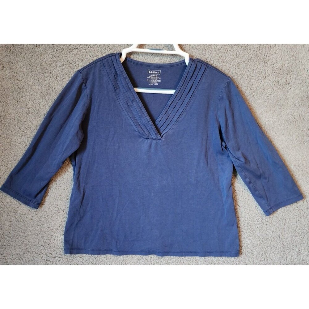 LL Bean Women's 3/4 Sleeve Pintucked V-Neck Top Supima Cotton Blue Size Medium